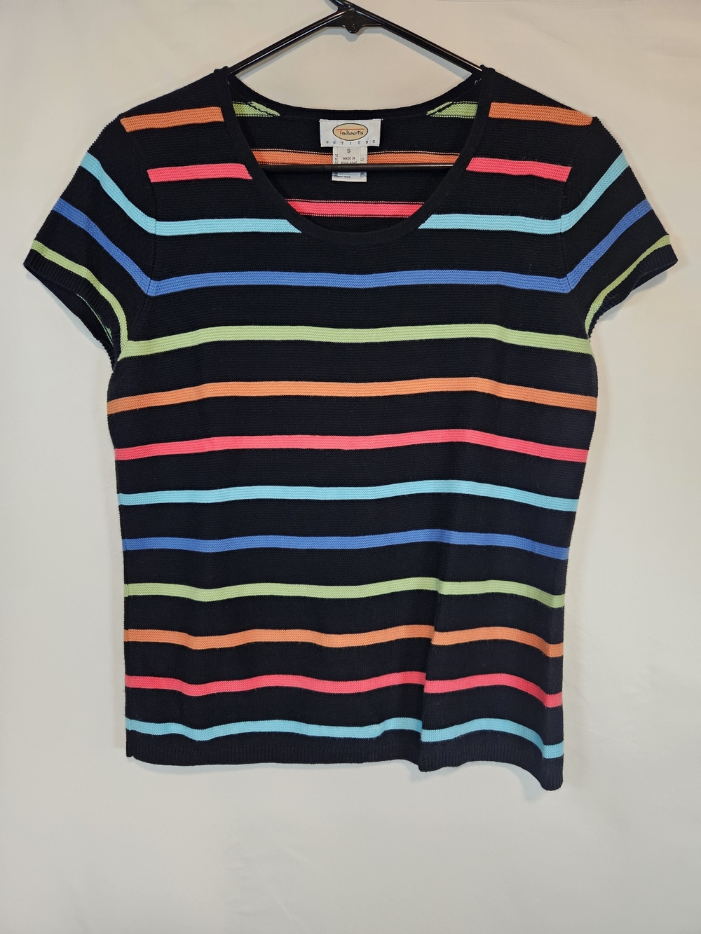 Talbots Black Short Sleeve Tee with Neon Rainbow Stripe Colors